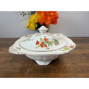 Alfred Meakin England Art Deco Covered Bowl Serving Dish Poppy Floral‎ Bird Gold